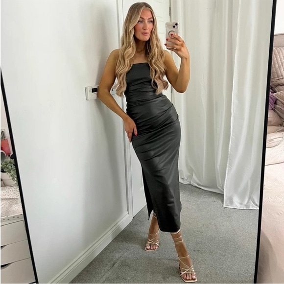 ZARA ~ Black Strapless Faux Leather Dress in Sage - Picture 11 of 13